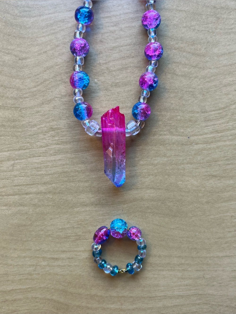 Pink and Blue Aura Crystal Necklace and Bracelet Set